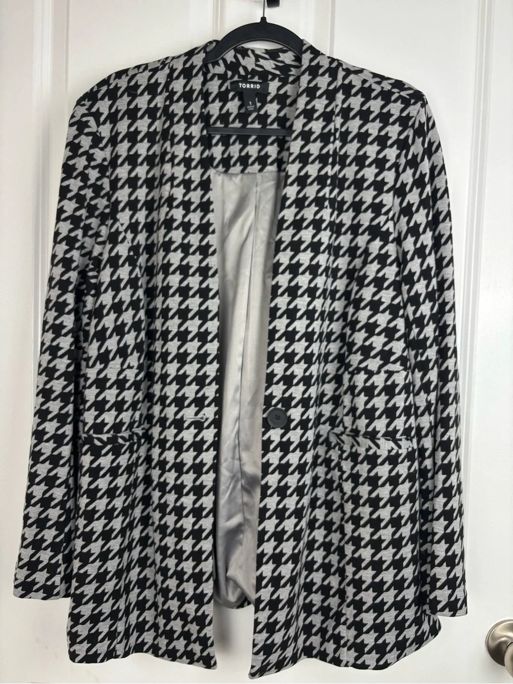 Torrid Houndstooth Open Front Blazer Jacket Size 1 Black White Career Chic XL